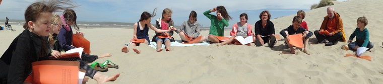 Panoramafoto van de groep op het strand